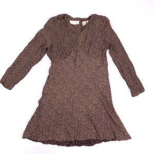 Liz Claiborne Midi Dress Floral V Neck Long Sleeve 14P Brown Vintage Prairie